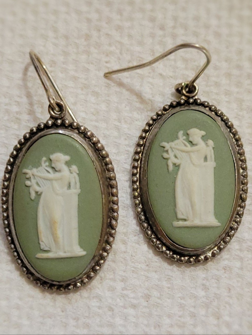 Vintage Wedgewood Jasperware Cameo Drop Earrings Green